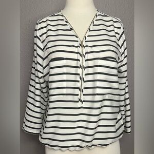 Calvin Klein Women's Black White Striped 1/4 Zip Top Blouse Size L 3/4 Sleeve